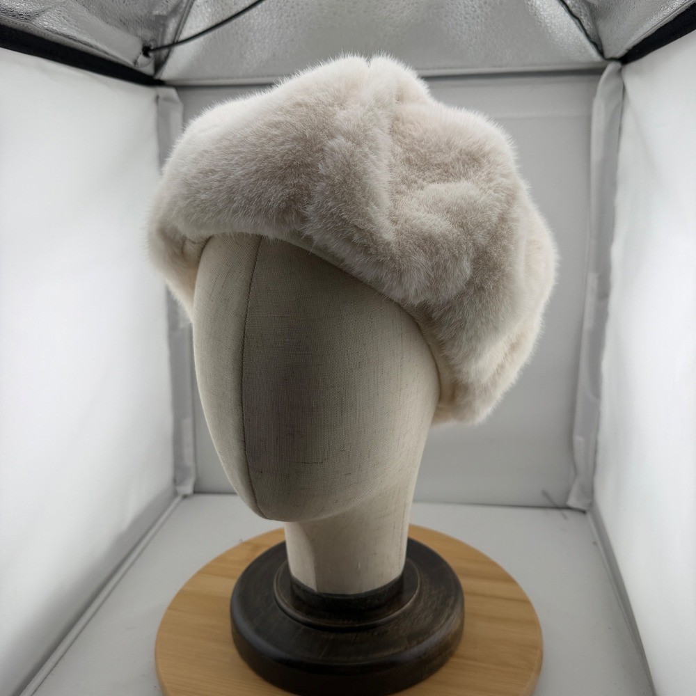 Cream Faux Fur Beret Winter Hat Ivory Plush Lined Ribbed Texture